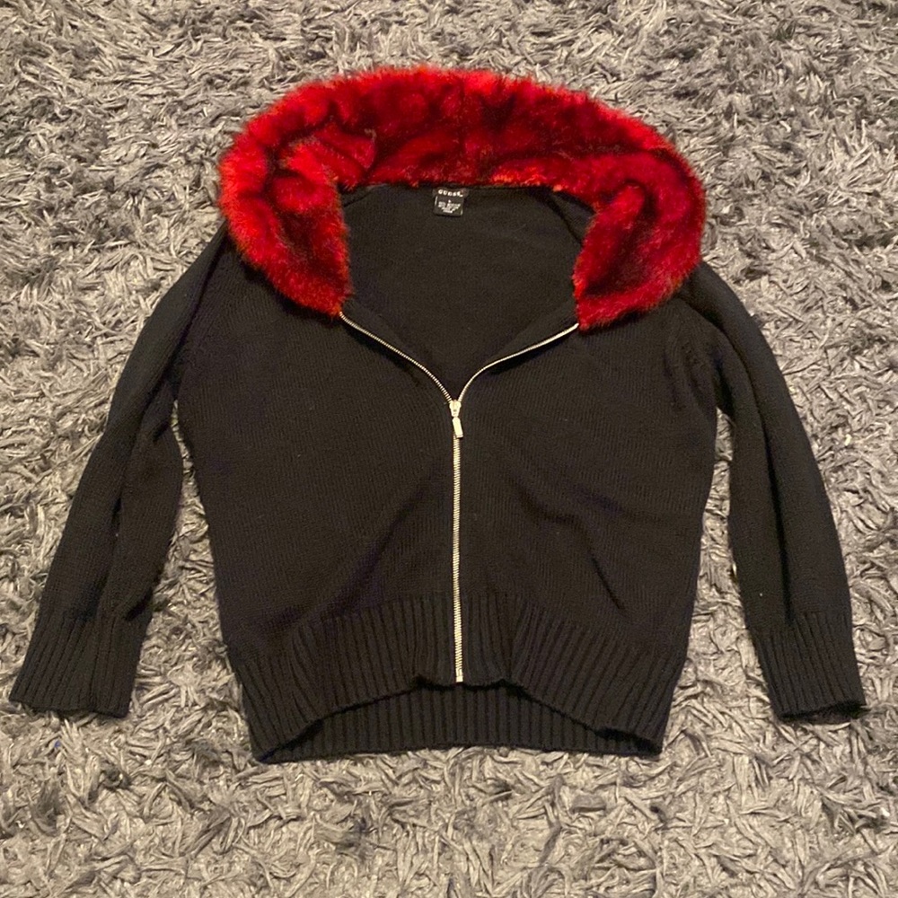 Guess Red Fur Zip Cardigan